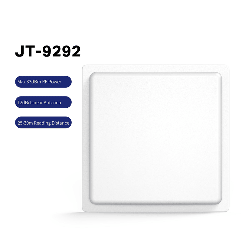 JT-9292 UHF RFID-læseren set forfra med et gråhvidt vandtæt kabinet og et robust kvadratisk design.