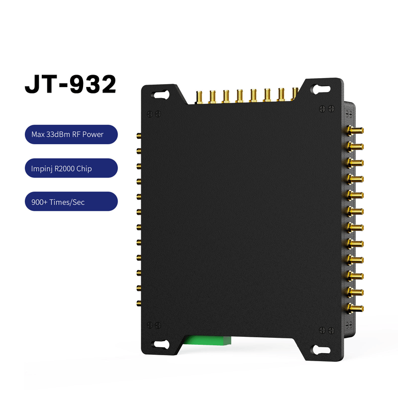Billedet viser den stationære JT-932 UHF RFID-læser bagfra med monteringsører og rækker af antennestik synlige på begge sider.