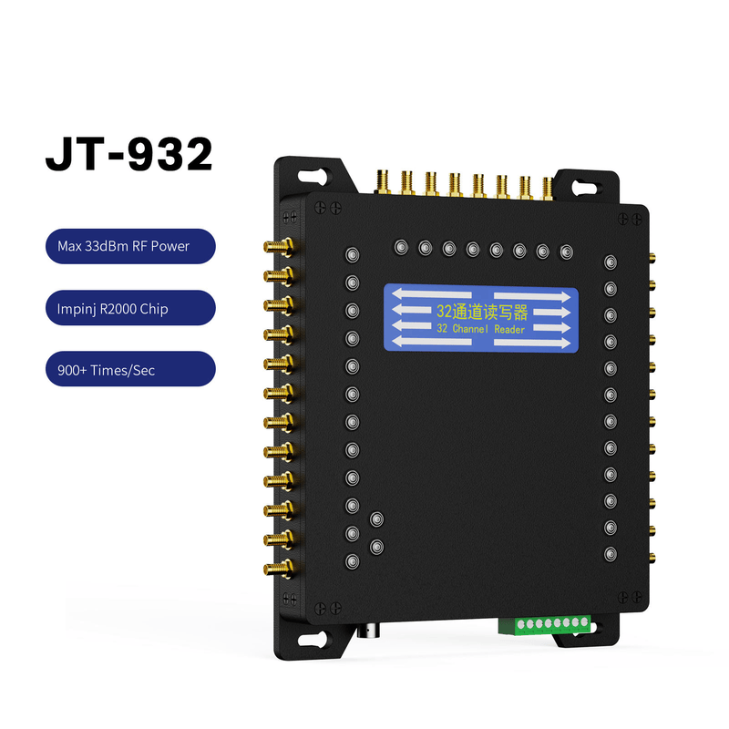 Billedet viser den stationære JT-932 UHF RFID-læser skråt forfra med tætsiddende antennestik på begge sider og langs toppen.