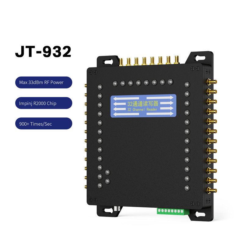 Billedet viser den stationære JT-932 UHF RFID-læser forfra med rækker af stik på tre sider og en grøn klemrække nederst.