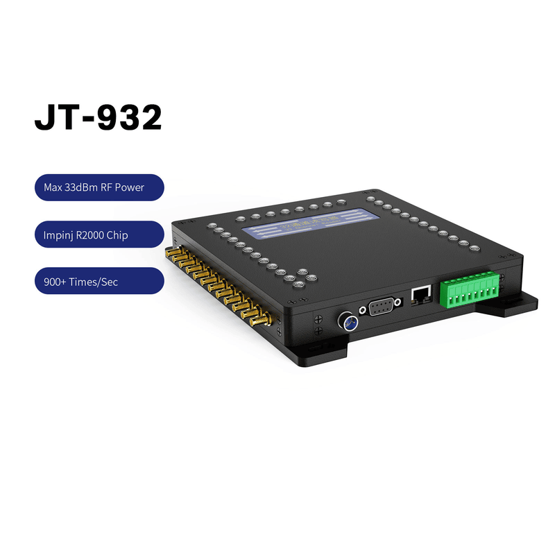 Billedet viser den stationære JT-932 UHF RFID-læser fra grænsefladesiden med et strømstik samt seriel port og LAN-port og en grøn klemrække.