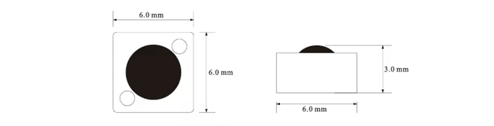 Måltegning viser P0606-1 PCB RFID-taggets dimensioner og tykkelse til teknisk reference og installationsplanlægning.