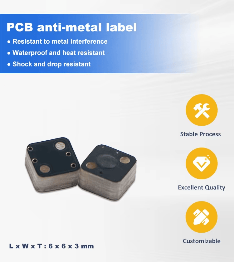 funktionsplakat viser P0606-1 PCB RFID-tag til metaloverflader med modstandsdygtighed mod metalpåvirkning og lang holdbarhed til udendørs brug.