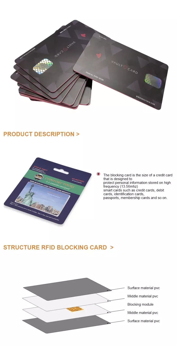 Diagram der viser RFID blokeringskortets opbygning og beskyttende lag.