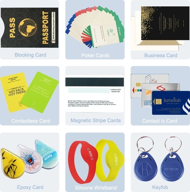 En produktoversigt med RFID blokeringskort blandt forskellige korttyper som visitkort, armbånd og nøglebrikker.