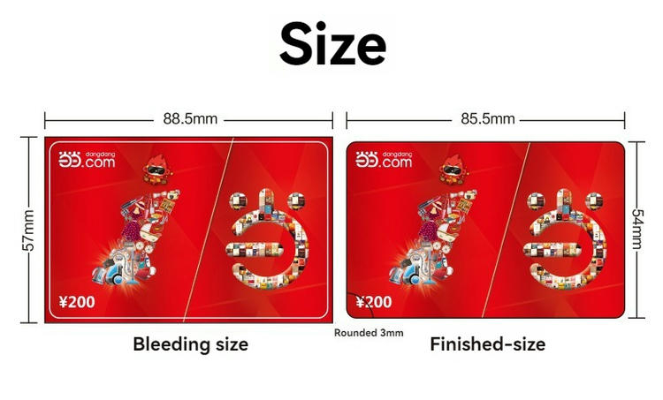Diagram over standardkortstørrelse viser beskæringsstørrelse og færdig størrelse til plastkort for at understøtte præcis opsætning af tryklayout.