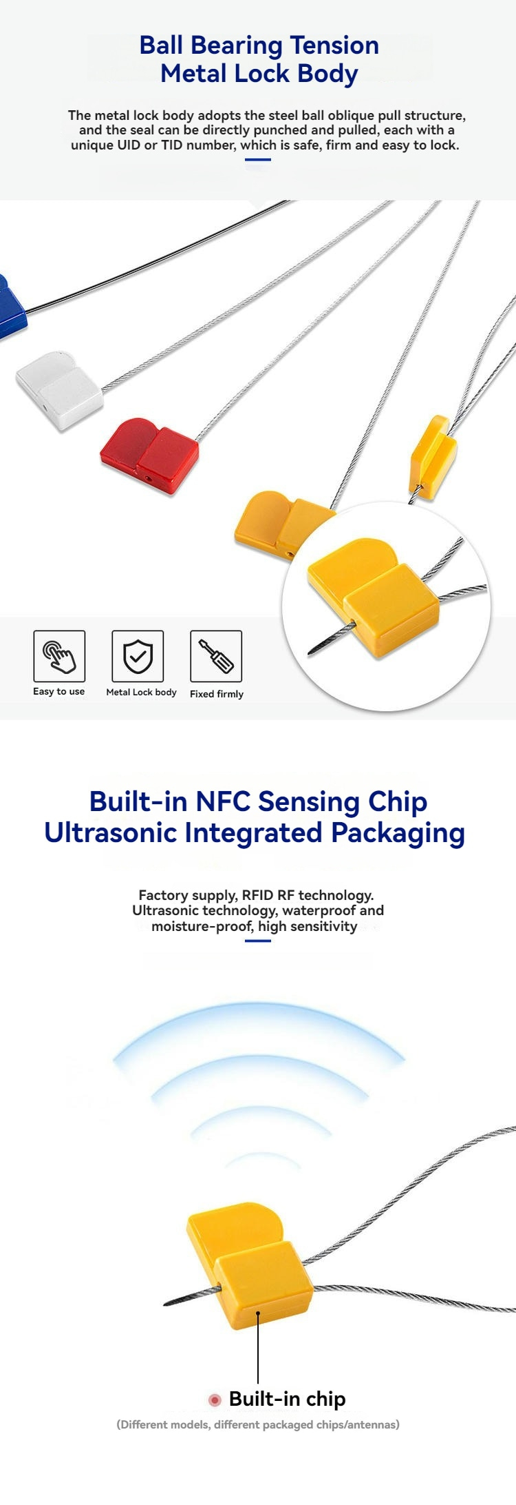 En produktplakat viser SS3623-1 RFID-sikkerhedsforseglingen med låseenhed i metal og indbygget RFID-chip.