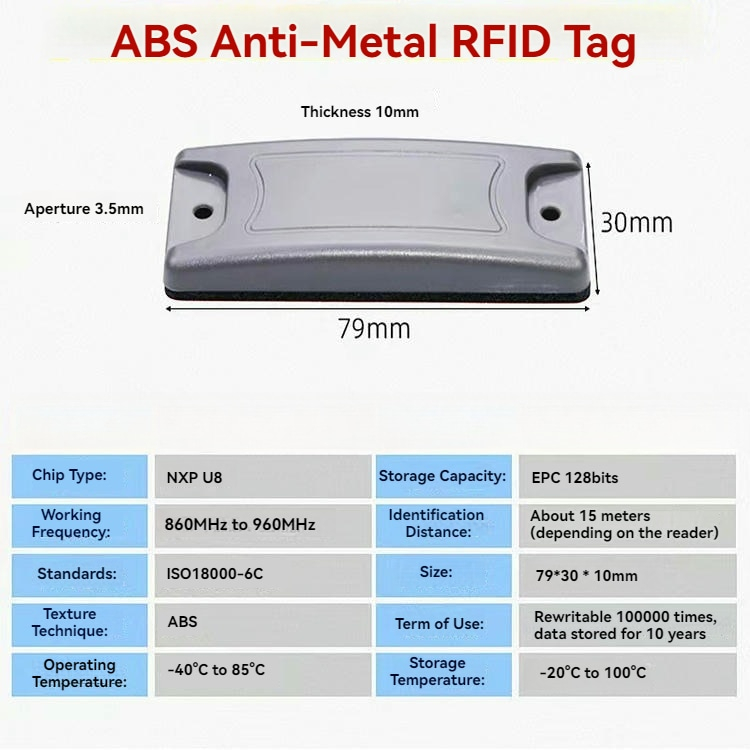 Produktfoto af ABS RFID-tags til metaloverflader til fabriksaktiver med bagside til montering i ABS RFID-tags til metaloverflader serien.
