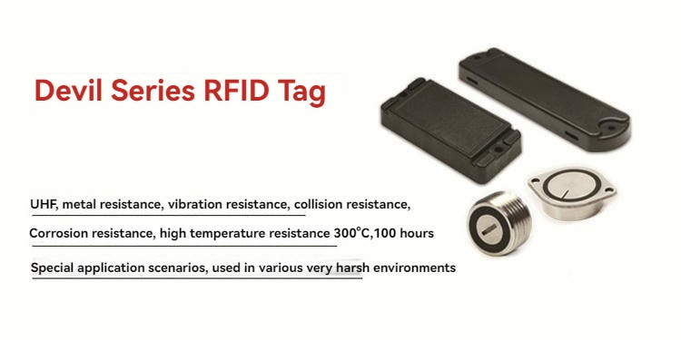 Nærbillede af HTR5625-1 rustfrit stål UHF RFID-tag, der kan modstå temperaturer op til 260 grader Celsius