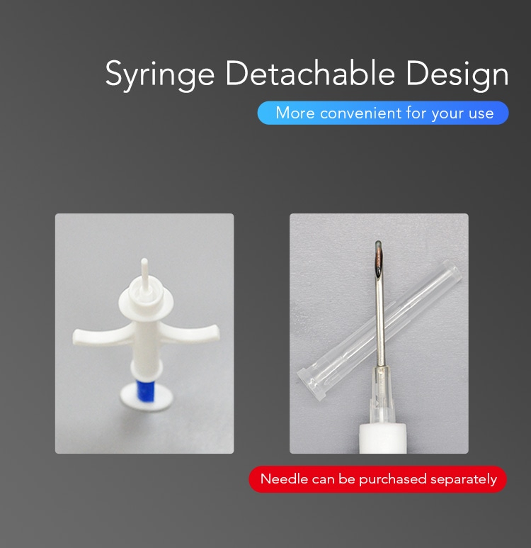 Grafik af aftageligt sprøjtedesign med separat nål og hætte til nemmere håndtering ved implantation af RFID-mikrochip.