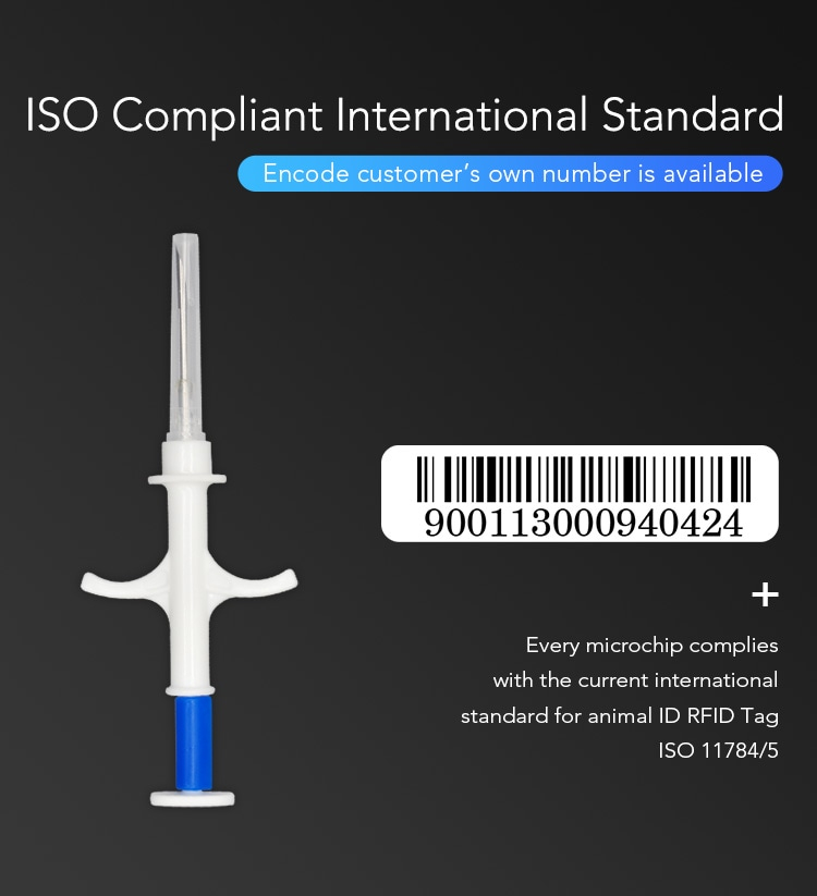 Grafik med ISO-kompatibel standard, injektionssprøjte og stregkode til registrering af RFID-dyremikrochip.