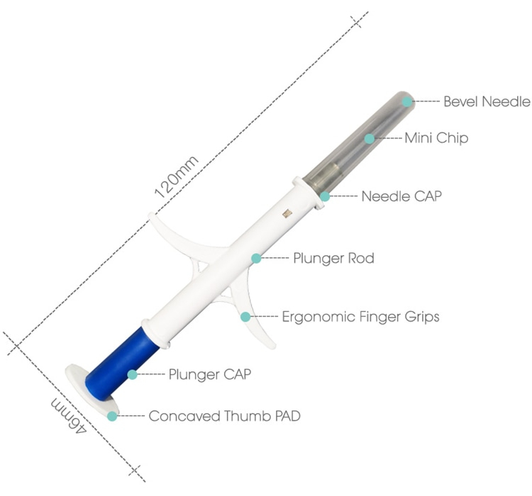 Diagram med nålespids, mikrochip og håndgreb på injektionssprøjte til visning af størrelse ved RFID-mikrochipimplantation.