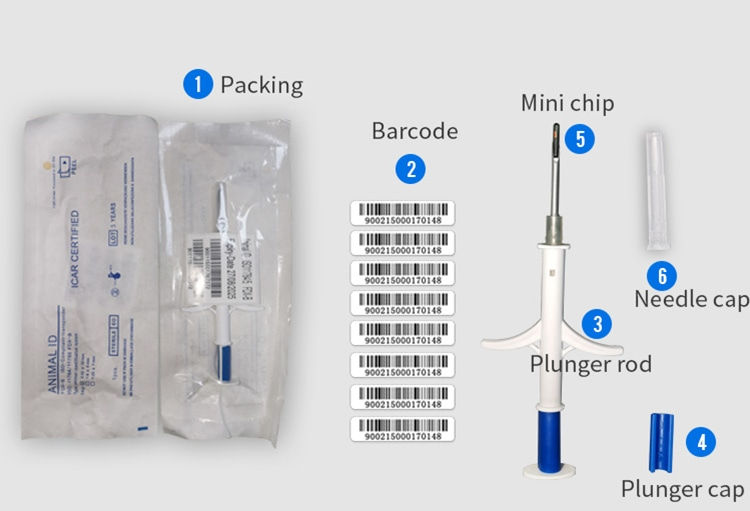 Emballageoversigt med stregkodeetiketter, mikrochip, sprøjtekrop og hætter til komplet RFID-dyremikrochip-sæt.