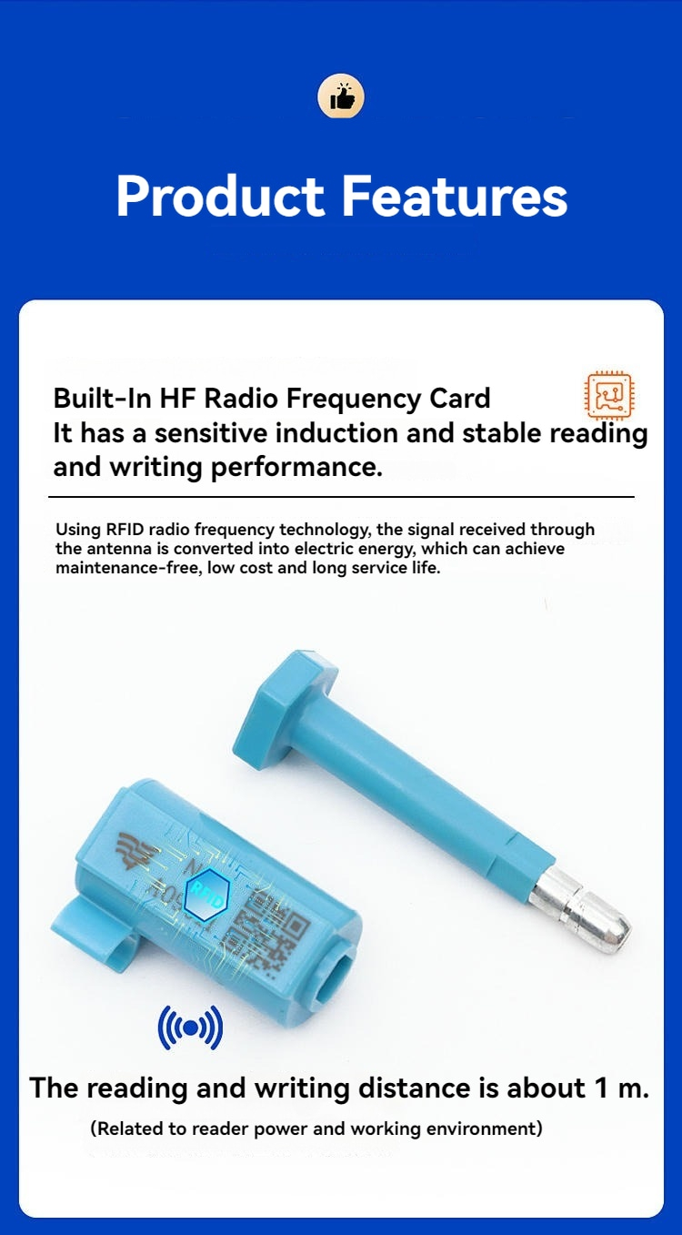 Et produktbillede fremhæver den indbyggede radiofrekvenschip i SS8725-1 RFID-sikkerhedsforseglingen.