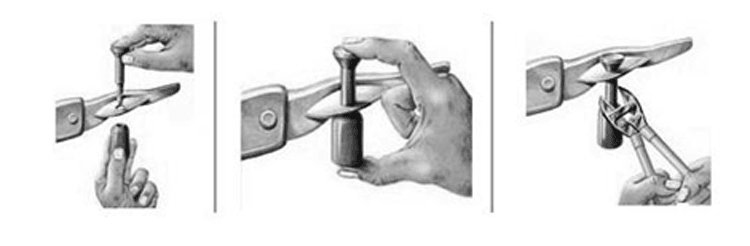 Et diagram med tre trin viser hvordan SS8725-1 RFID-sikkerhedsforseglingen indsættes, låses og åbnes med en tang.