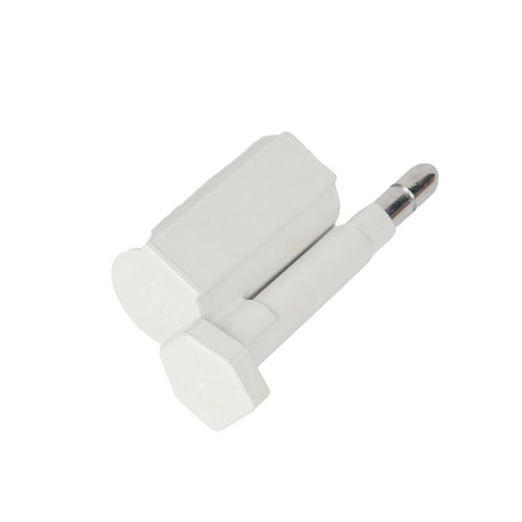 En hvid SS8725-1 RFID-sikkerhedsforsegling vises med låsekroppen og stiften med metalspids samlet side om side.