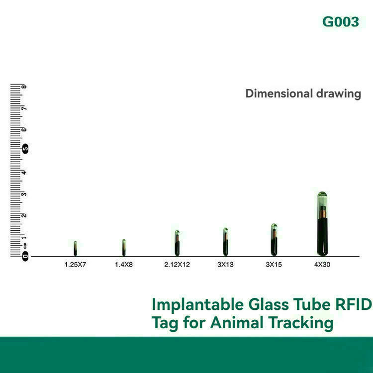 Et dimensionsdiagram sammenligner implanterbare mikrochipstørrelser og viser G-003 glasrør RFID-tag til dyresporing.