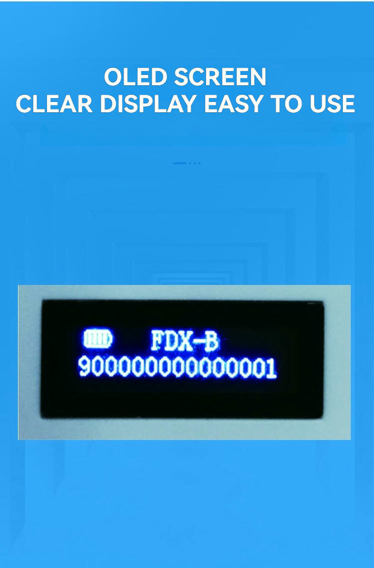 Blå skærmgrafik viser OLED-displayet på FS-380 med FDX-B og langt ID-nummer for tydelig aflæsning.