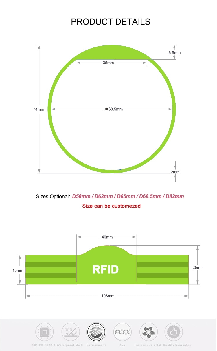 Størrelsesdiagram for RFID-armbånd i silikone G04 viser valgbare diametre og dimensioner, så den rette pasform kan vælges.