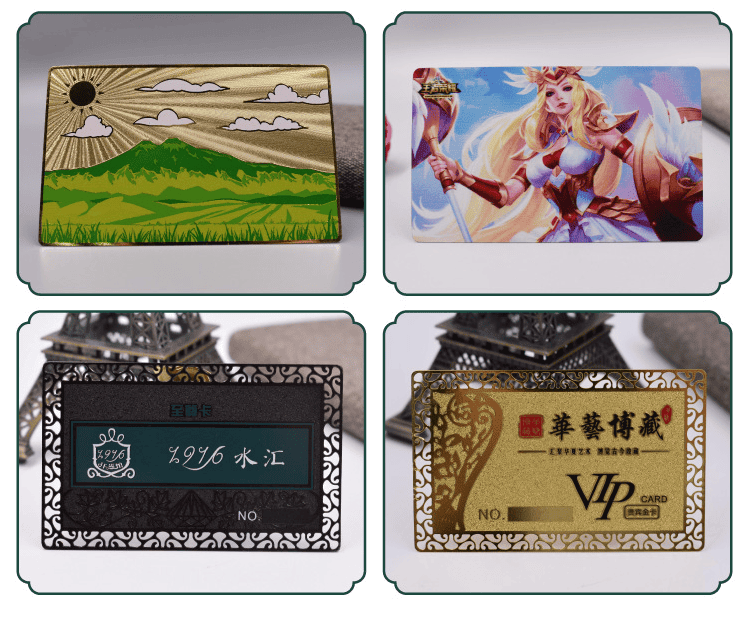 Collage med forskellige designs til personlige metalkort med kunsttryk, udskæringer og VIP-stile.