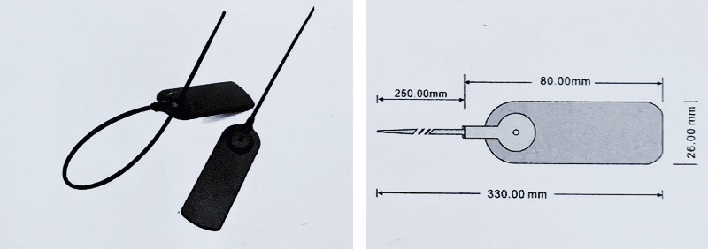 Billede viser RFID kabelbindertag model Z33026-1 med måltegning på 330 mm længde og 26 mm bredde.