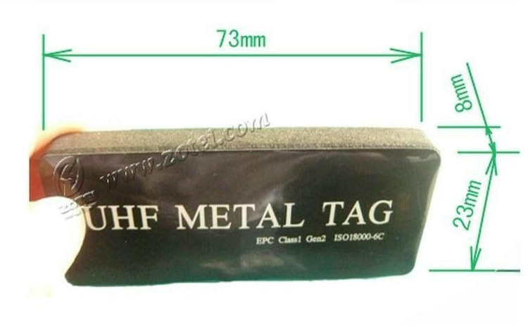 Epoxy UHF RFID-tag til metaloverflader til metalaktiver vist med fokus på børstet metaloverflade til projekter inden for andre RFID-tags til metaloverflader.