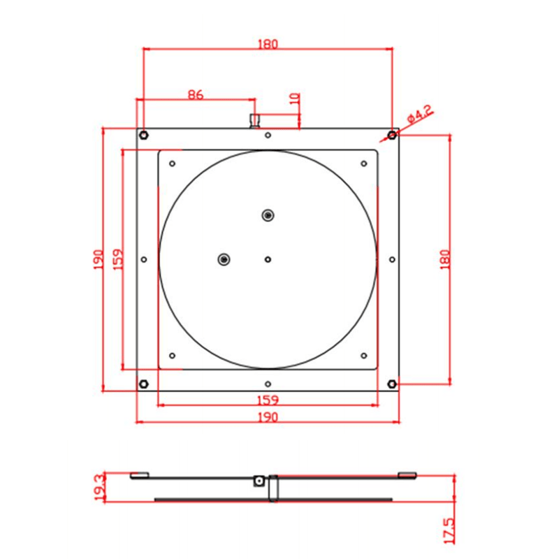 Dette billede viser måltegningen for ZK-ANT190D full-band UHF RFID-antennen med front- og sidemål i millimeter.