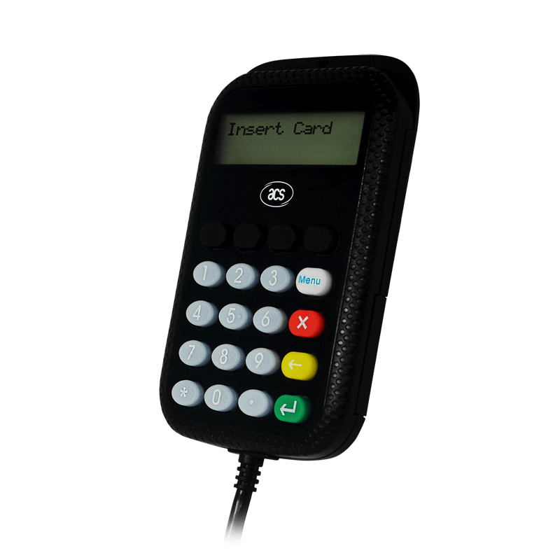 APG8201-B2 smartkort PINpad-læser vist med Insert Card-tekst på displayet over tastaturet.