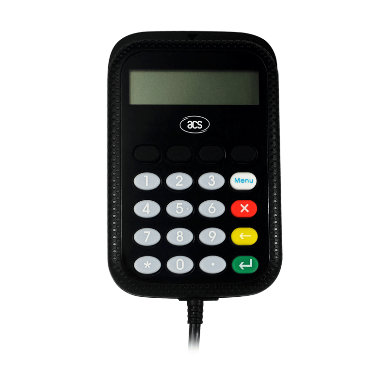 APG8201-B2 smartkort PINpad-læser vist i et rent produktbillede med display, knapper og farvede taster.