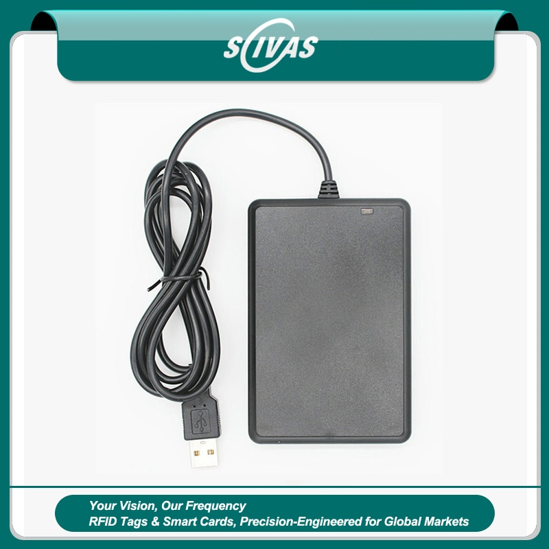 Frontbillede af LF RFID-læseren R30D 125KHz viser det elegante sorte ABS-kabinet udviklet til skrivebordsbrug