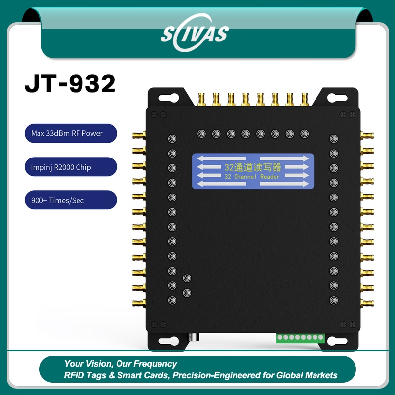 Billedet viser den stationære JT-932 UHF RFID-læser i et layout med SCIVAS-branding med flere antenneporte omkring kabinettet.
