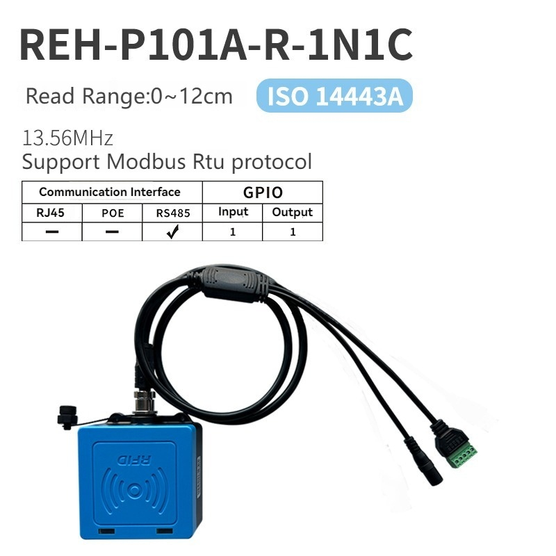 Et specifikationsbillede præsenterer HF RFID-læseren REH-P101A-R-1N1C med ISO14443A protokol og RS485 kommunikation.