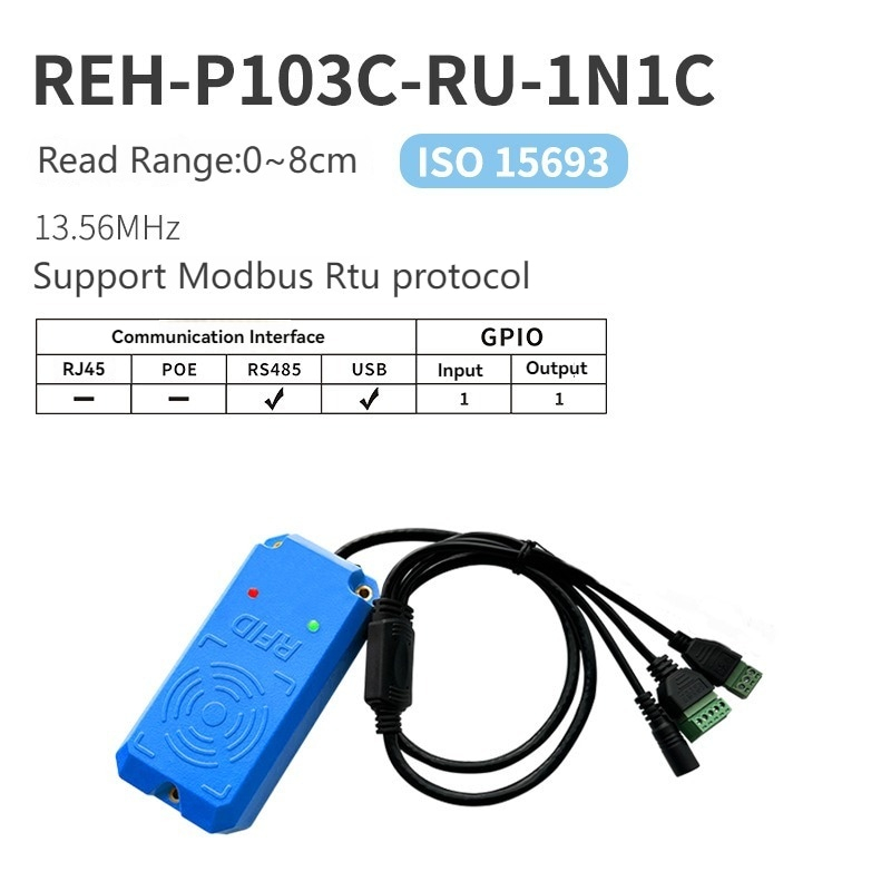 Et produktkort viser HF RFID-læseren REH-P103C-RU-1N1C med rækkevidde fra 0 til 8 cm samt RS485 og USB-porte.