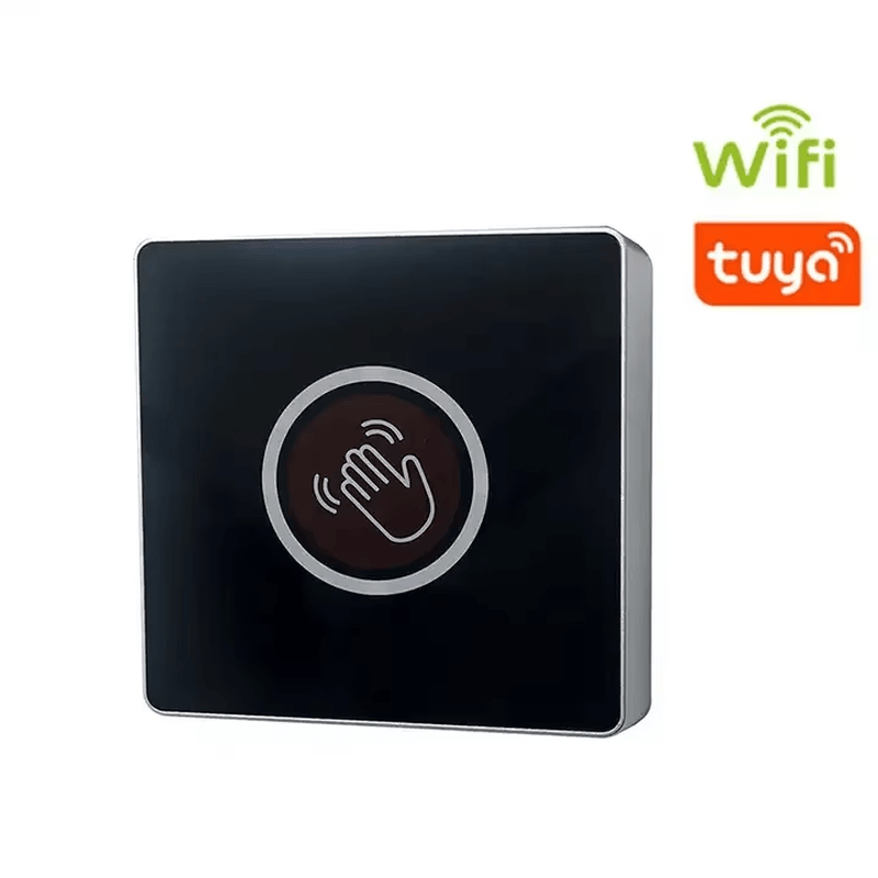Dette billede viser Tuya WiFi berøringsfri udgangsknap til smart dørløsning ved dørinstallationer til udgangsknapper.