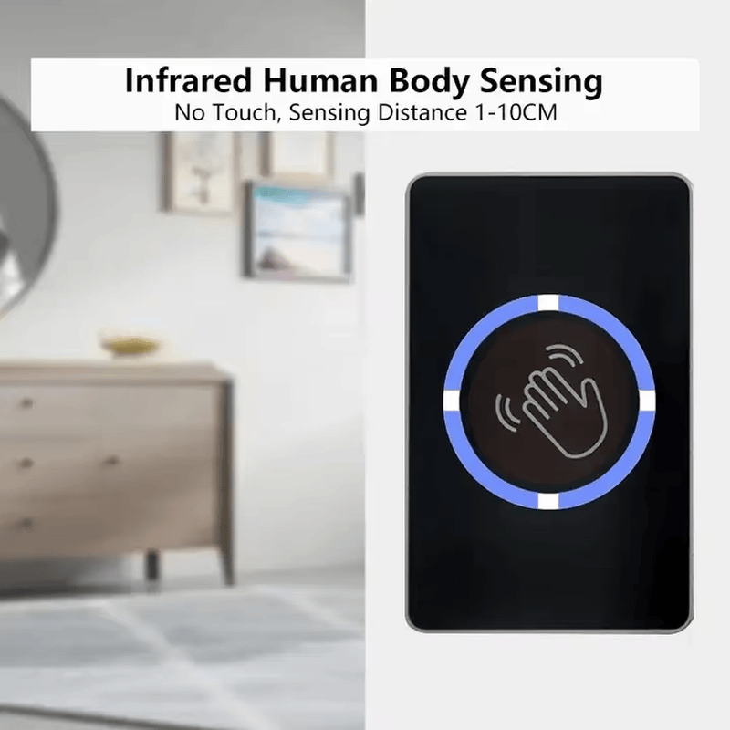 Tuya WiFi berøringsfri udgangsknap til smart dørløsning vist med tydeligt ledningsterminaldesign til udgangsknapper.