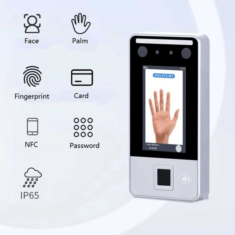 FV-648 håndflade- og ansigtsgenkendelse terminal vist med funktioner for ansigt, håndflade, fingeraftryk, kort, NFC, adgangskode og IP65 beskyttelse.