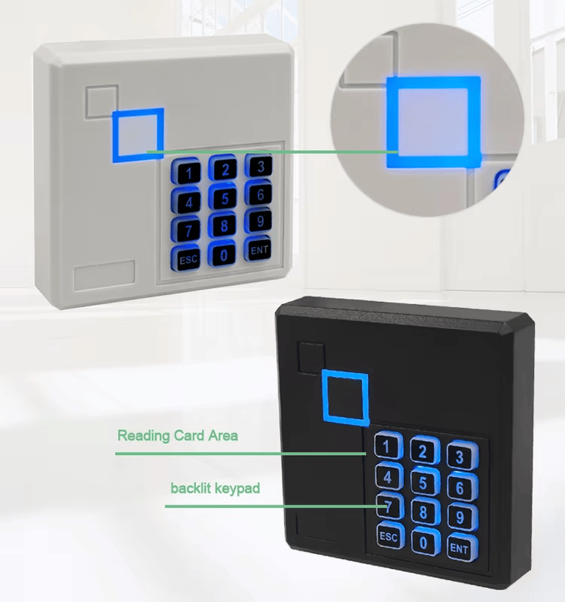 Produktbillede af vandtæt RFID-adgangslæser med tastatur til døre med fokus på frontpanelet i kategorien tastaturbaserede adgangslæsere.