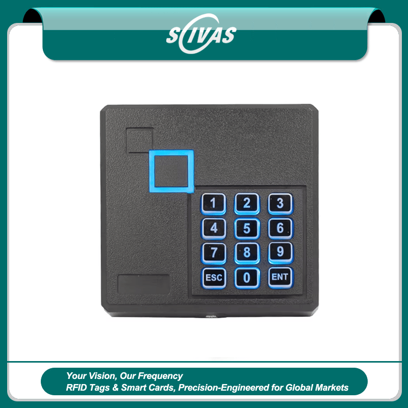 Frontbillede af RFID-tastaturlæseren 103-2634 med elegant sort kvadratisk kabinet og taktile knapper til sikker adgang.