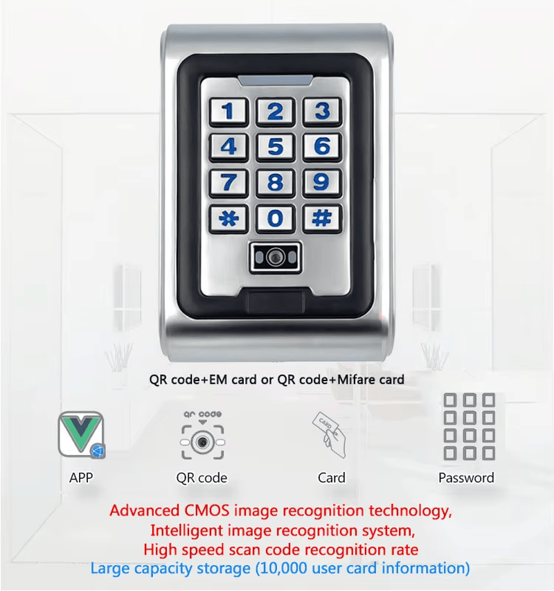 Tilpasset QR-kode adgangslæser vist med ledningsterminal til adgangskontrolinstallationer.