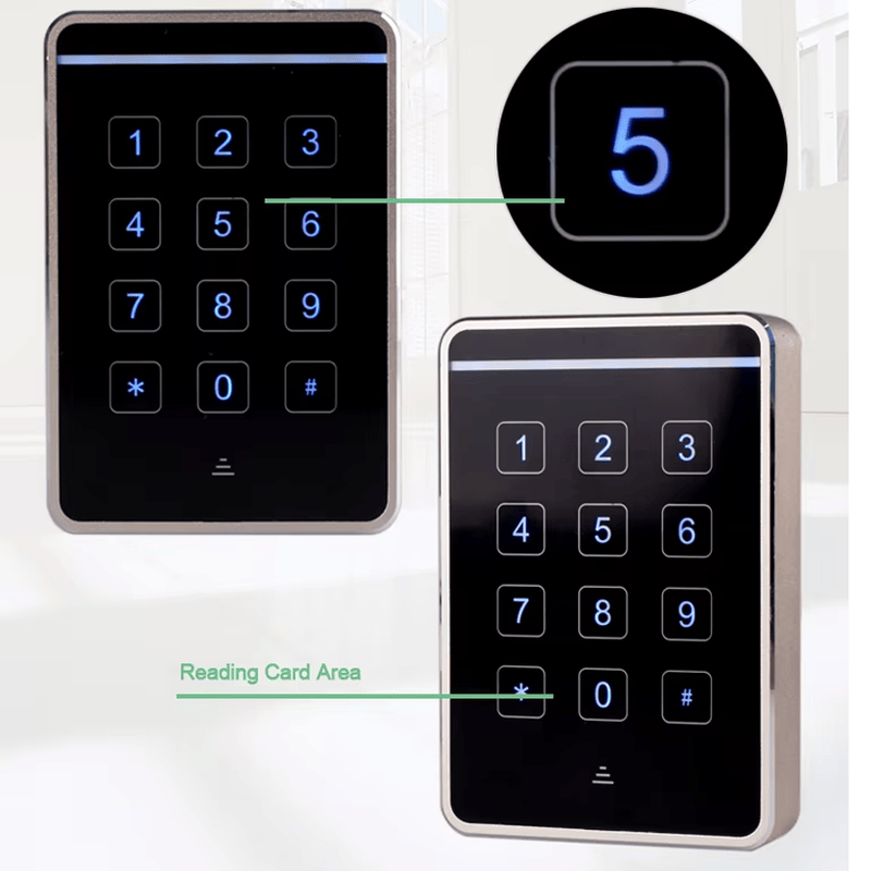 Dette skrå billede af RFID-tastaturlæseren J20-MC2634 fremhæver dens moderne design og kompakte konstruktion som passer til professionelle sikkerhedssystemer.