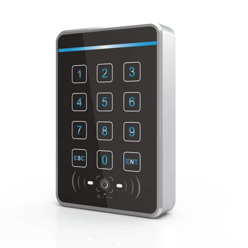 Et perspektivbillede af metaladgangslæseren R60-MF fremhæver dens robuste kabinet og integrerede tastatur til adgangskodeindtastning.