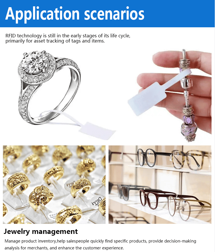 Denne oversigt viser RFID-smykkelabels anvendt til ringe, armbånd, briller og lagerstyring i detailhandlen.